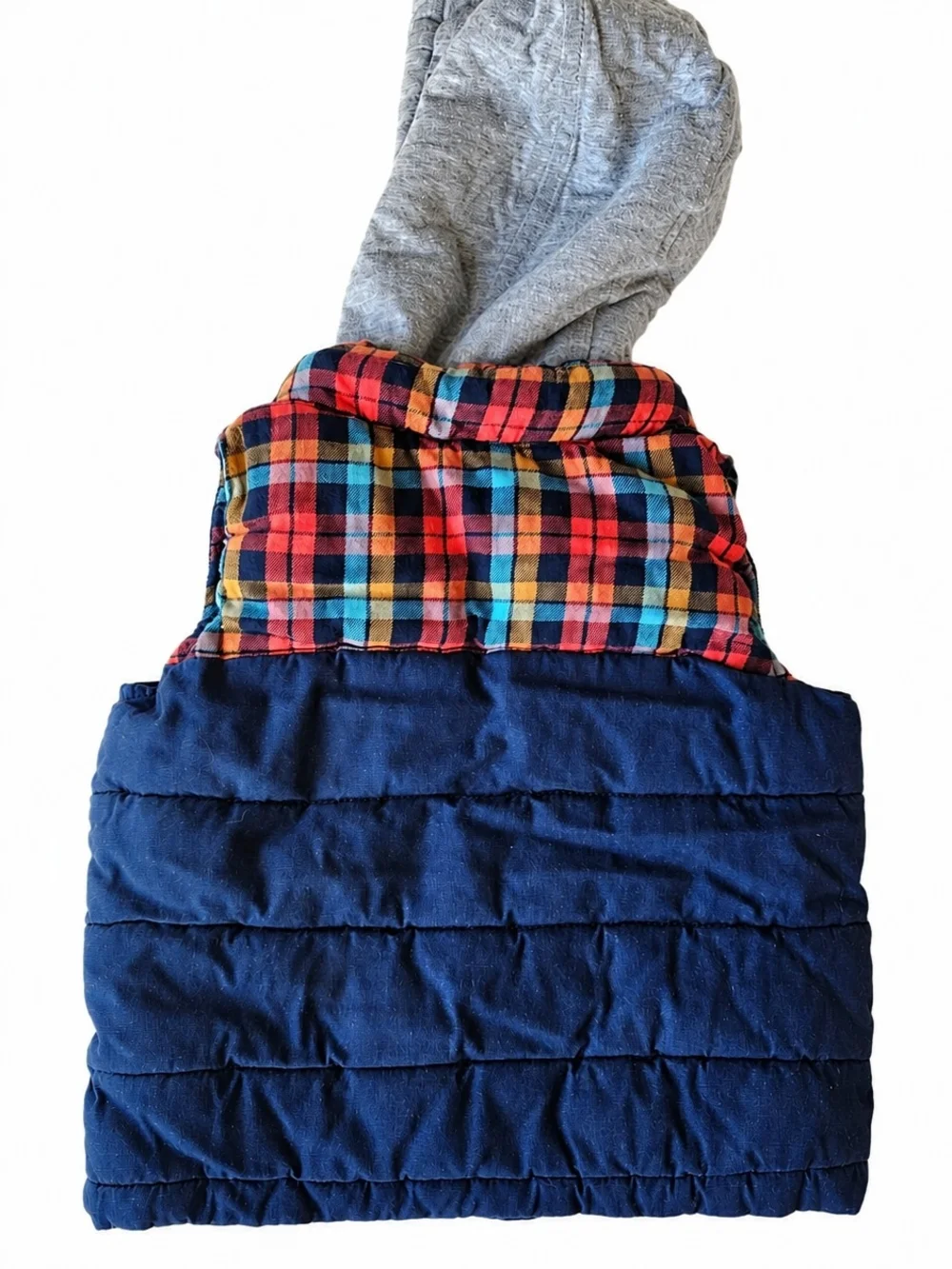 Old Navy Puffer Vest 2T with Plaid and Gray Hood, Cotton and Fleece Lined